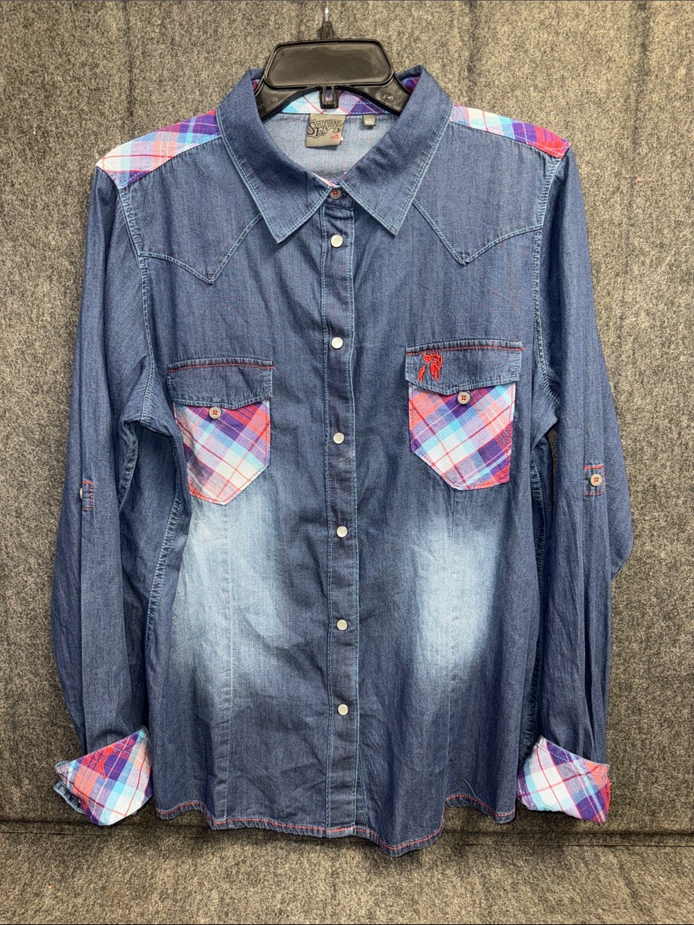 Southern Thread Denim Button-Down Shirt with Pink & Purple Plaid Accents